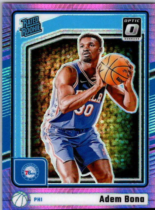 Purple Adem Bona Hyper Pink basketball trading card featuring Adem Bona in a blue uniform
