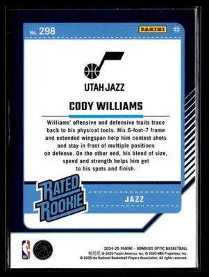 2024-25 Donruss Optic #298 Cody Williams Base RC Utah Jazz - Basketball Card Single