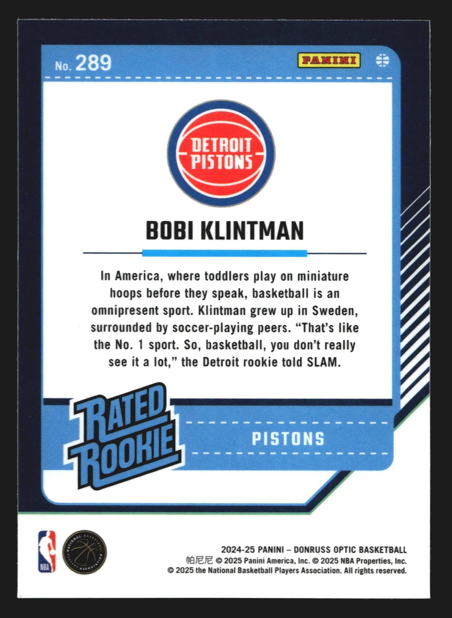 2024-25 Donruss Optic Bobi Klintman #289 Rated Rookie RC Detroit Pistons