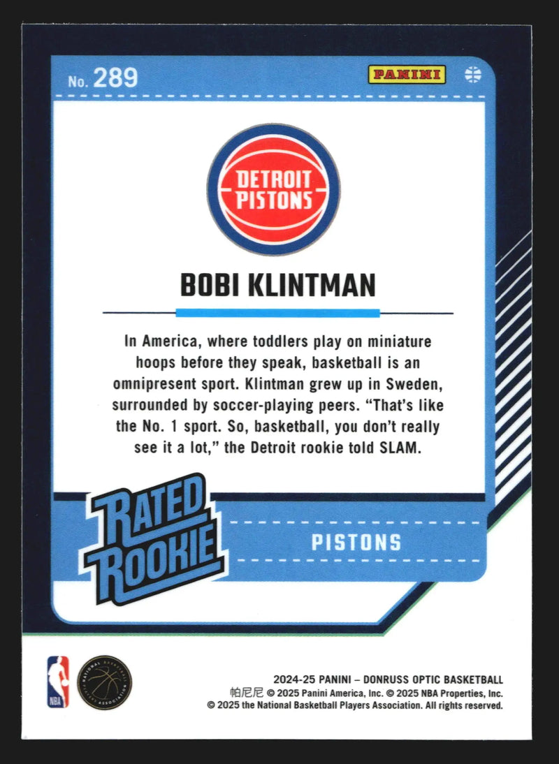 2024-25 Donruss Optic Bobi Klintman #289 Rated Rookie RC Detroit Pistons
