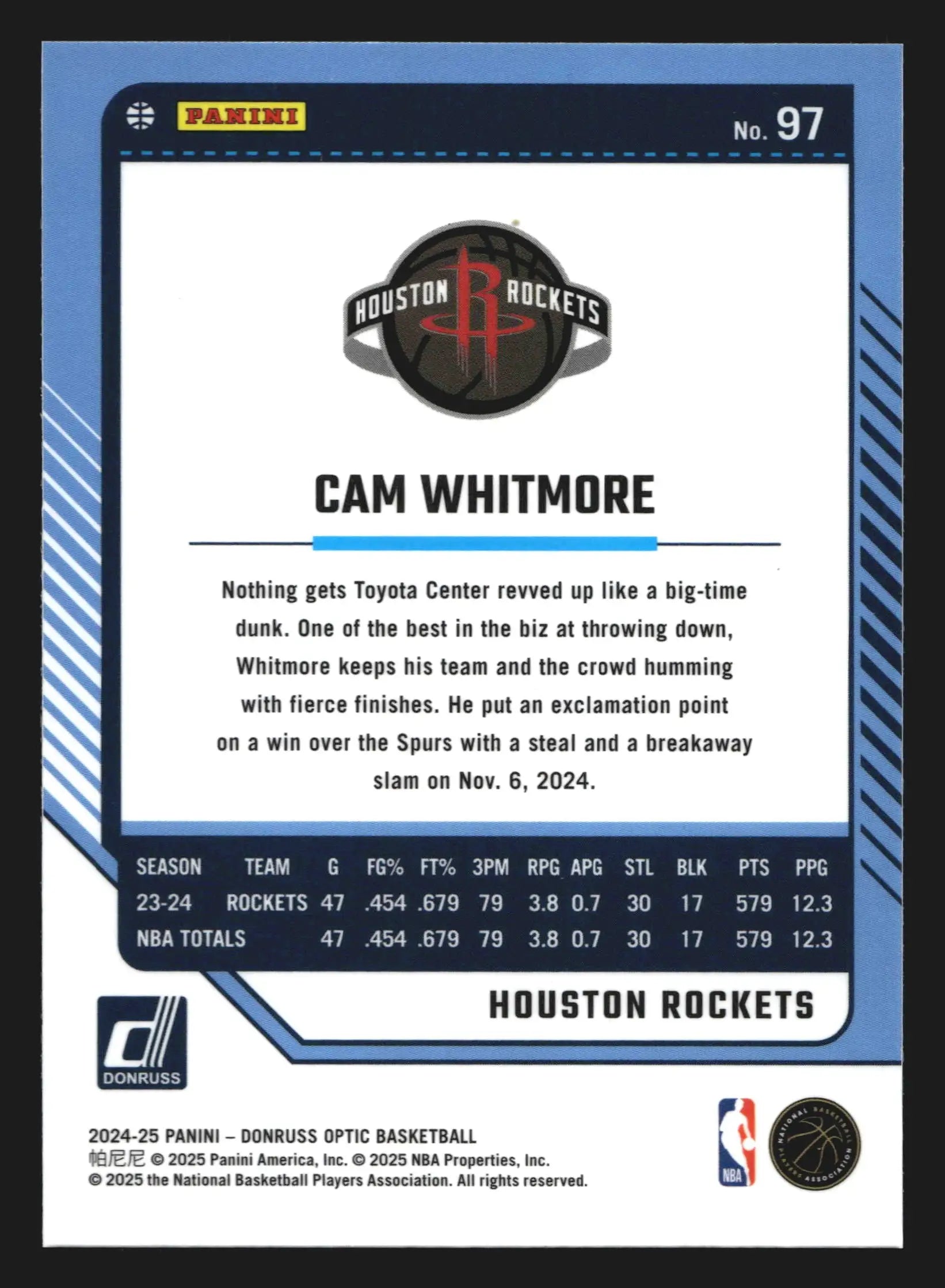 2024-25 Donruss Optic Cam Whitmore #97 Houston Rockets - Basketball Card Single