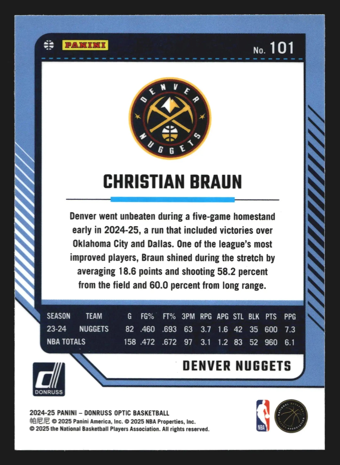 2024-25 Donruss Optic Christian Braun #101 Denver Nuggets