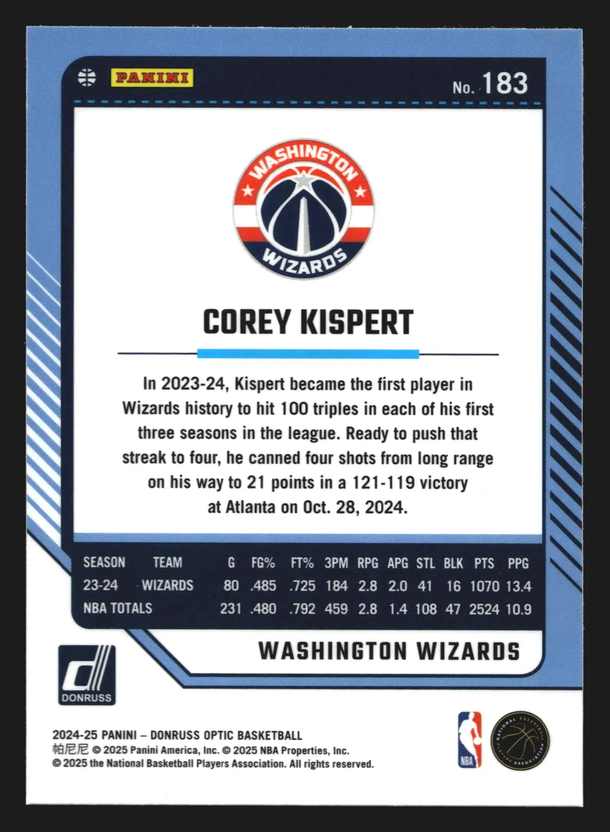2024-25 Donruss Optic Corey Kispert #183 Wizards - Basketball Card Single