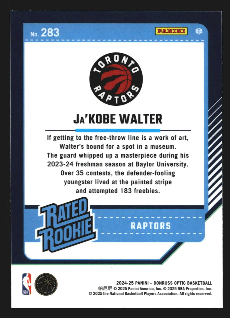 2024-25 Donruss Optic Ja’Kobe Walter #283 Rated Rookie RC Toronto Raptors - Basketball Card Single