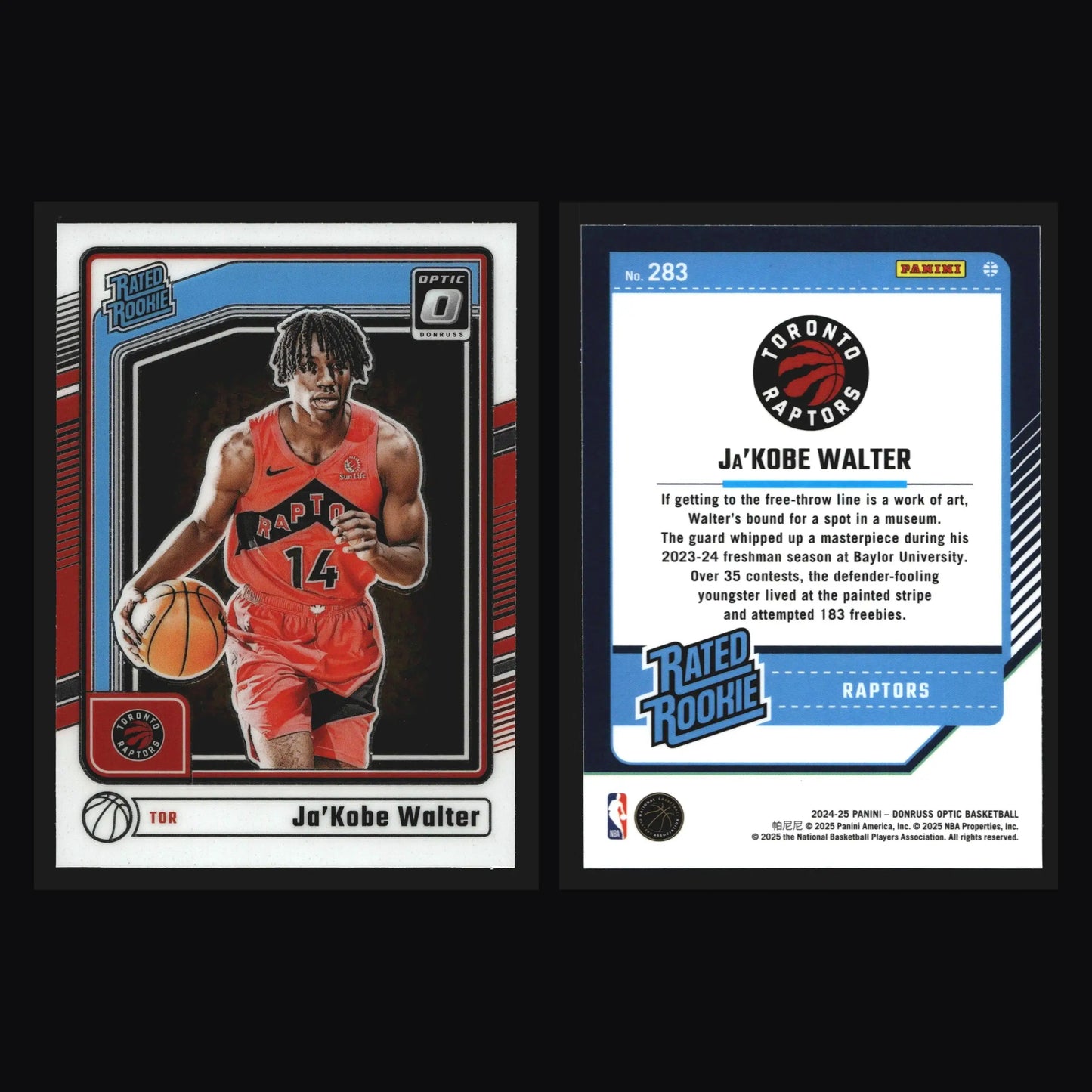 2024-25 Donruss Optic Ja’Kobe Walter #283 Rated Rookie RC Toronto Raptors - Basketball Card Single