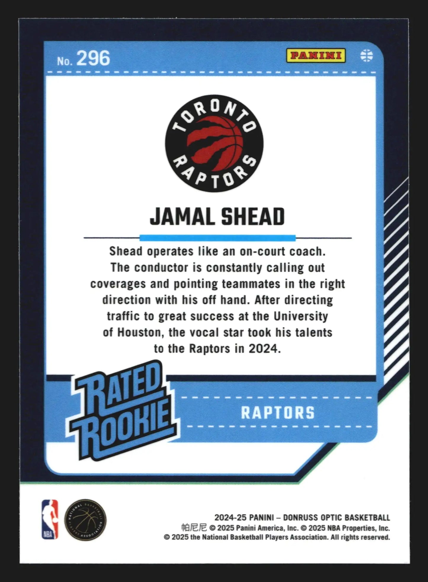 2024-25 Donruss Optic Jamal Shead #296 Rated Rookie RC Toronto Raptors - Basketball Card Single