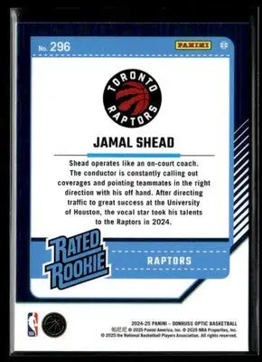 2024-25 Donruss Optic Jamal Shead #296 RC Toronto Raptors