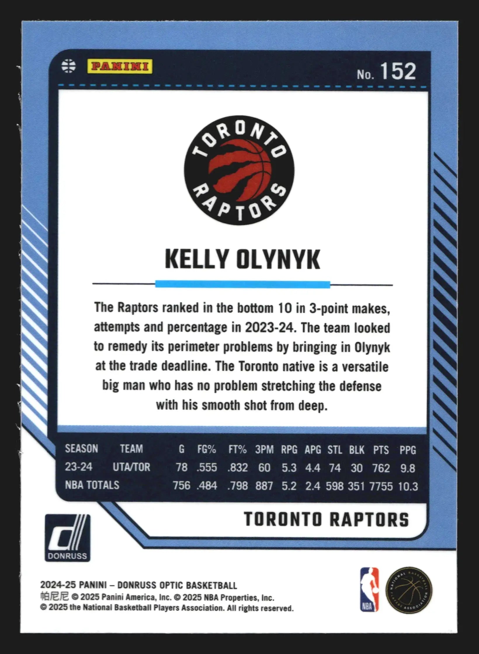 2024-25 Donruss Optic Kelly Olynyk #152 Toronto Raptors - Basketball Card Single