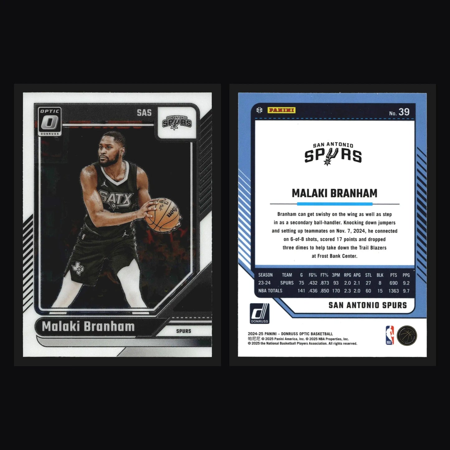 2024-25 Donruss Optic Malaki Branham #39 San Antonio Spurs - Basketball Card Single