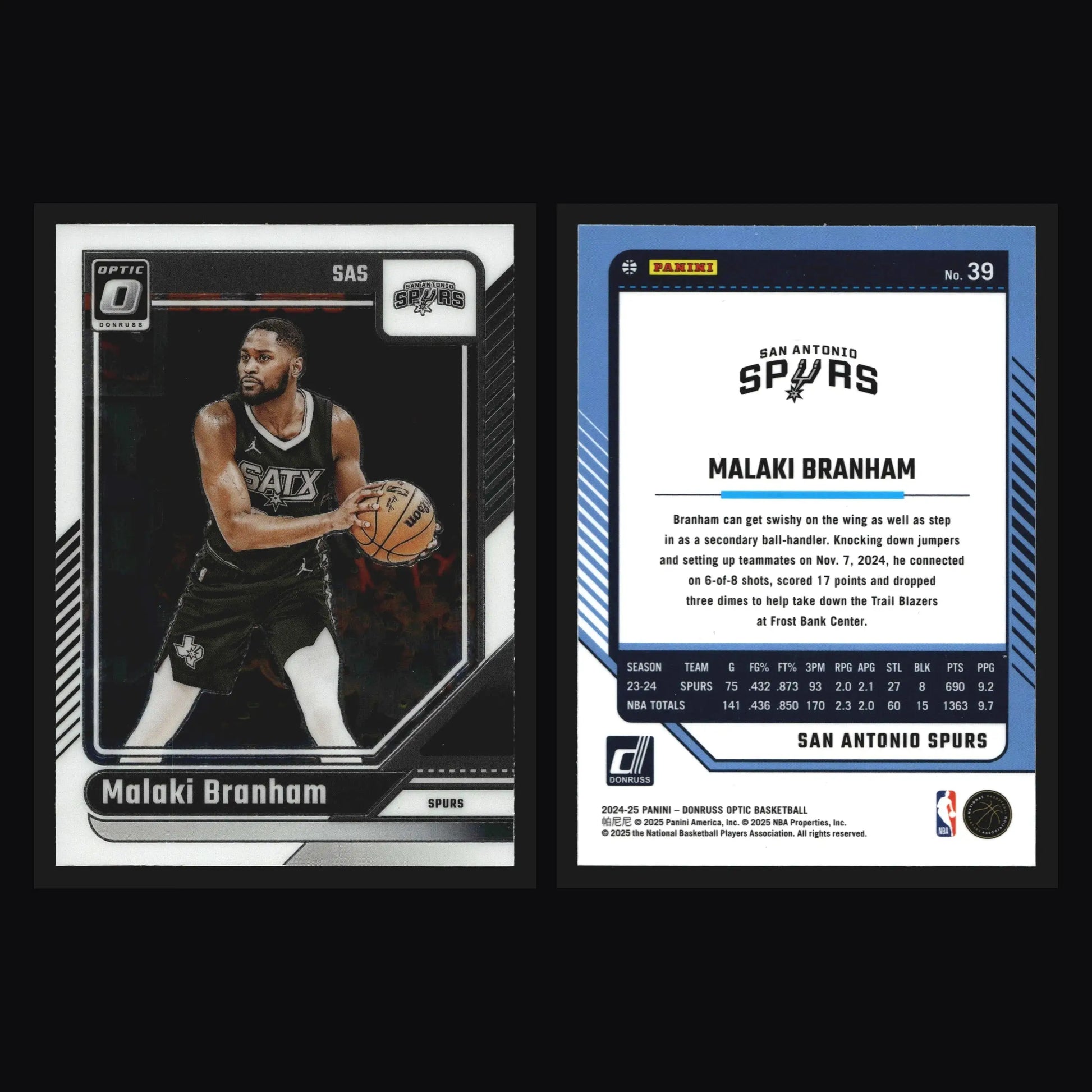 2024-25 Donruss Optic Malaki Branham #39 San Antonio Spurs - Basketball Card Single