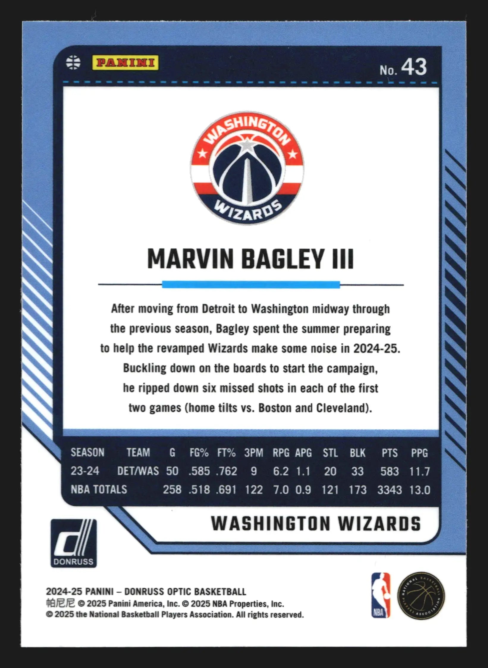 2024-25 Donruss Optic Marvin Bagley III #43 Wizards - Basketball Card Single