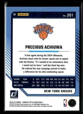 2024-25 Donruss Optic Precious Achiuwa #201 New York Knicks