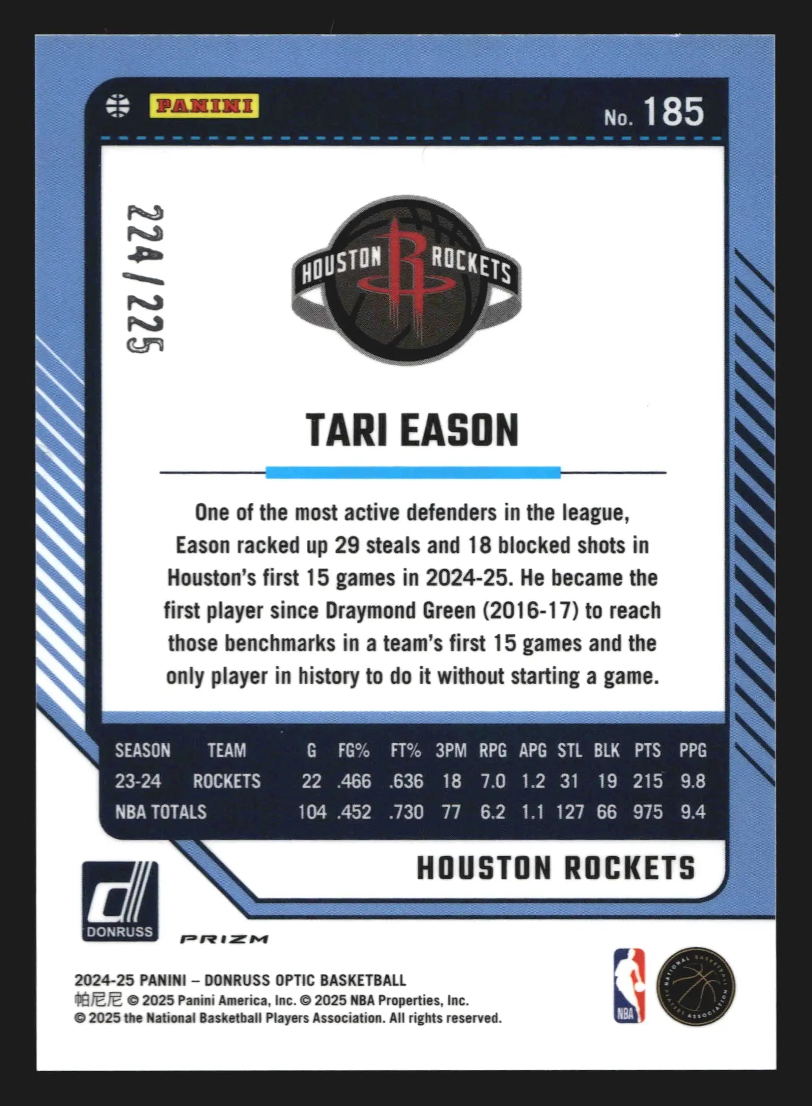 2024-25 Donruss Optic Tari Eason #185 Aqua Prizm /225 Houston Rockets