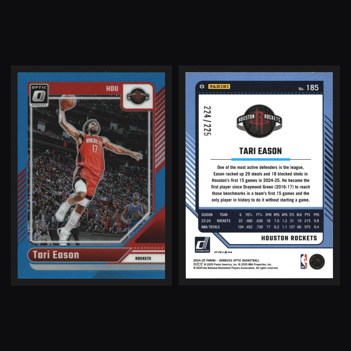 2024-25 Donruss Optic Tari Eason #185 Aqua Prizm /225 Houston Rockets