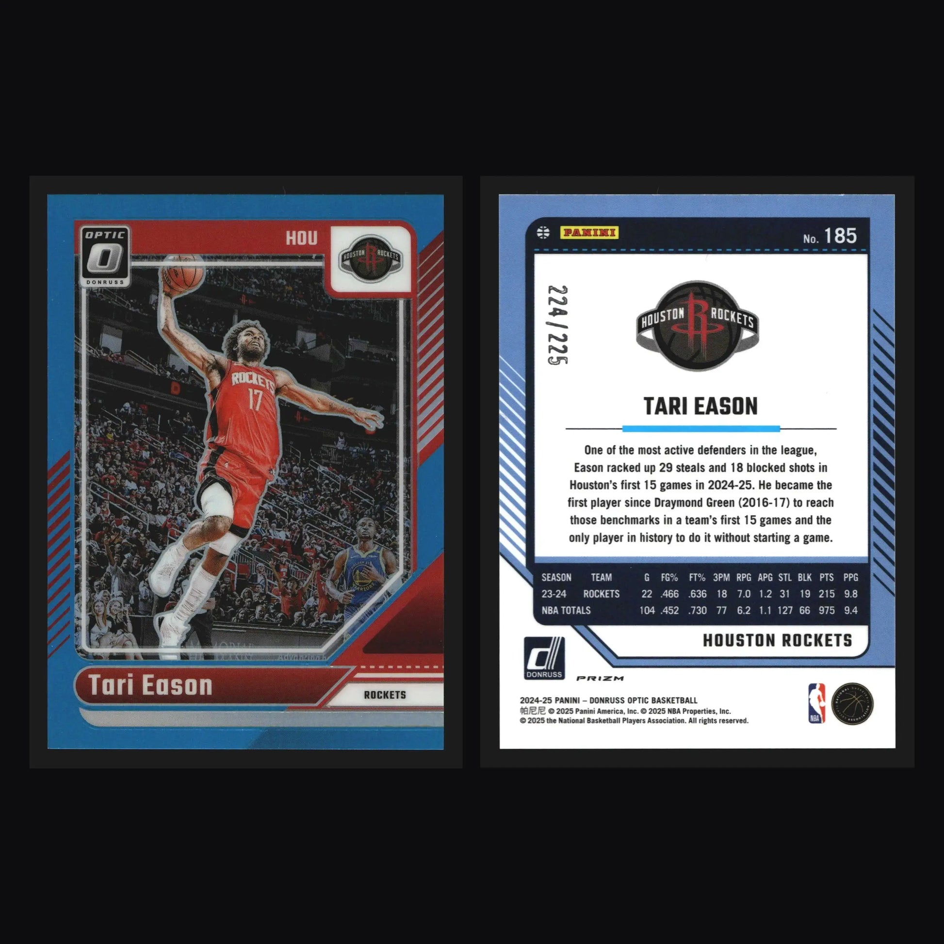 2024-25 Donruss Optic Tari Eason #185 Aqua Prizm /225 Houston Rockets