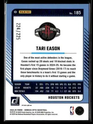 2024-25 Donruss Optic Tari Eason #185 Aqua SN #/225 Houston Rockets