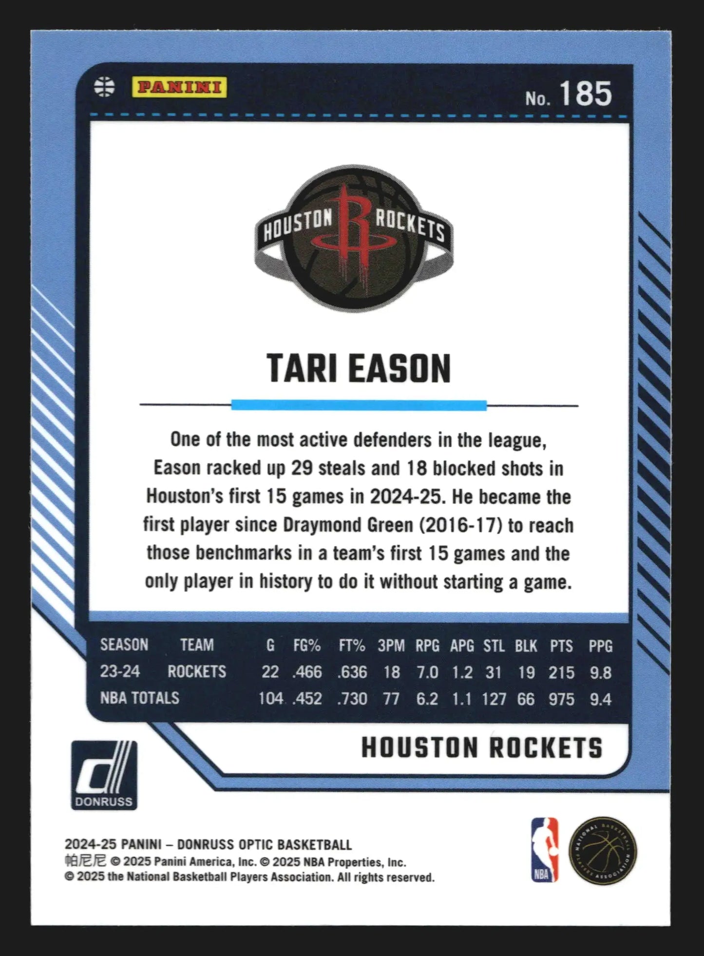 2024-25 Donruss Optic Tari Eason #185 Houston Rockets - Basketball Card Single