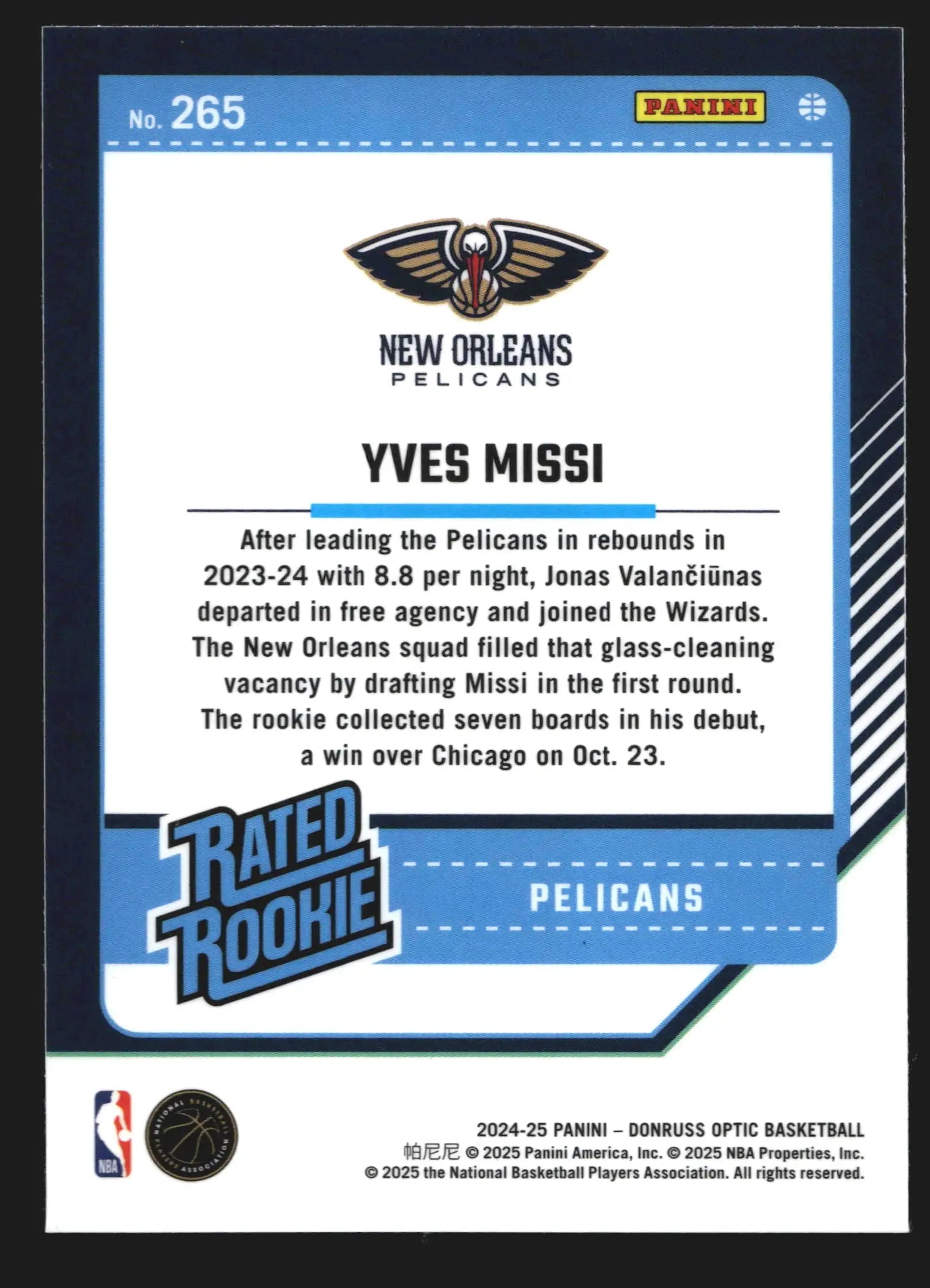 2024-25 Donruss Optic Yves Missi #265 Rated Rookie RC New Orleans Pelicans