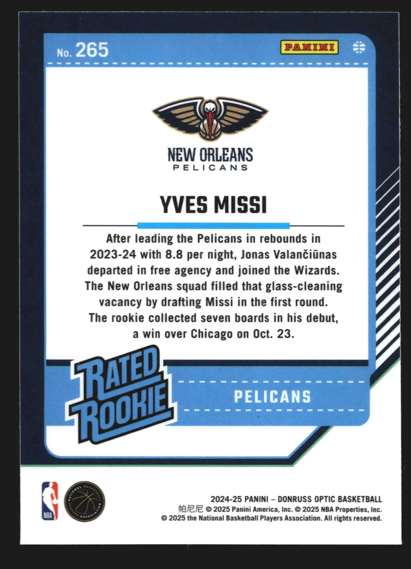 2024-25 Donruss Optic Yves Missi #265 Rated Rookie RC New Orleans Pelicans