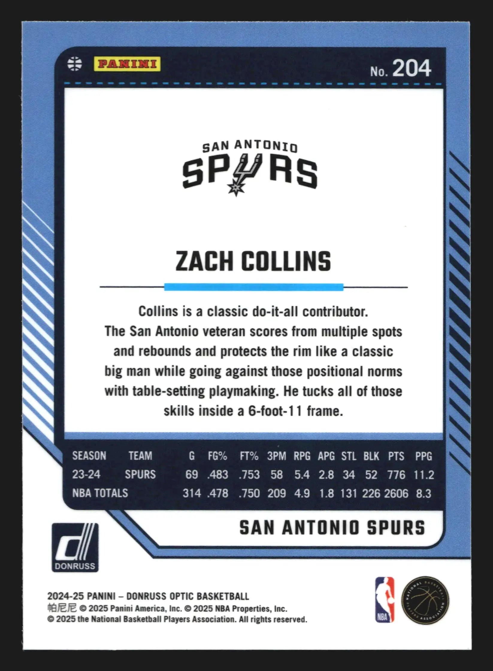 2024-25 Donruss Optic Zach Collins #204 San Antonio Spurs - Basketball Card Single