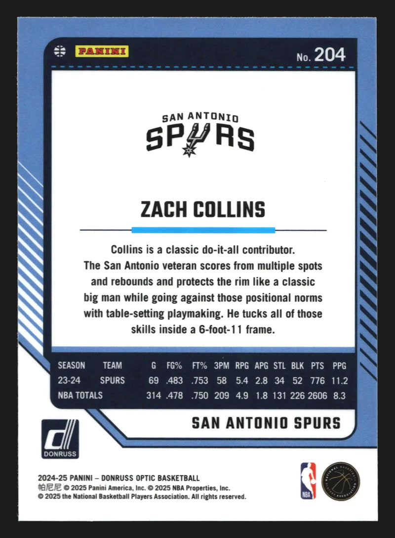 2024-25 Donruss Optic Zach Collins #204 San Antonio Spurs - Basketball Card Single