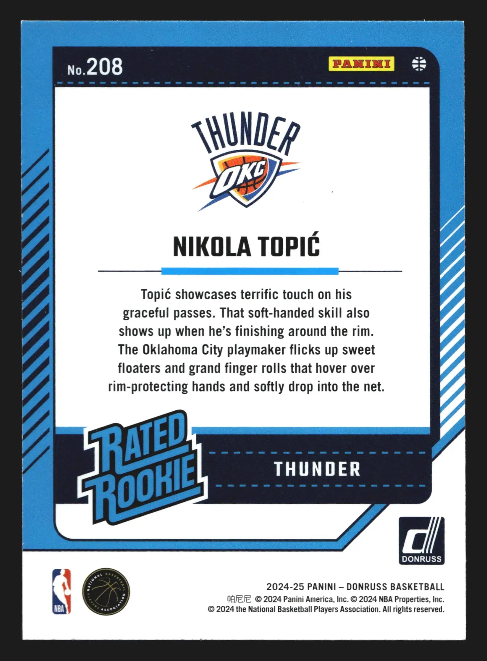 2024-25 Donruss Rated Rookie Nikola Topic #208 Thunder RC - Basketball Card Single