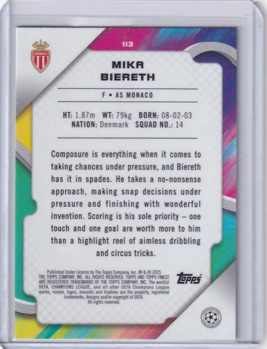 Soccer card back featuring Mika Biereth from 2024-25 Finest #113 AS Monaco RC