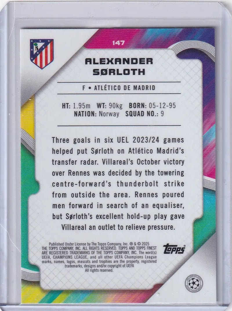 Alexander Sørloth trading card from 2024-25 Finest #147 Atletico Madrid collection