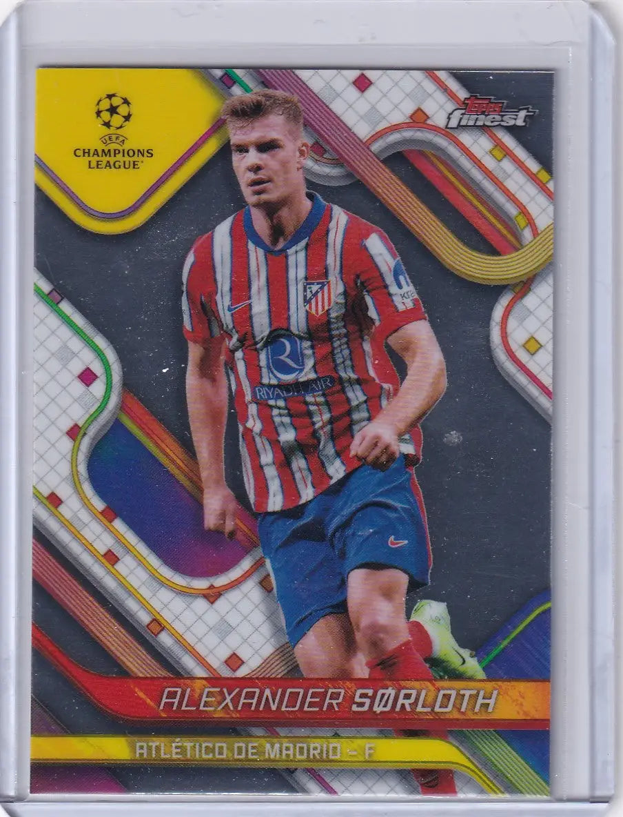Alexander Sørloth soccer card from 2024-25 Finest series featuring Atlético de Madrid