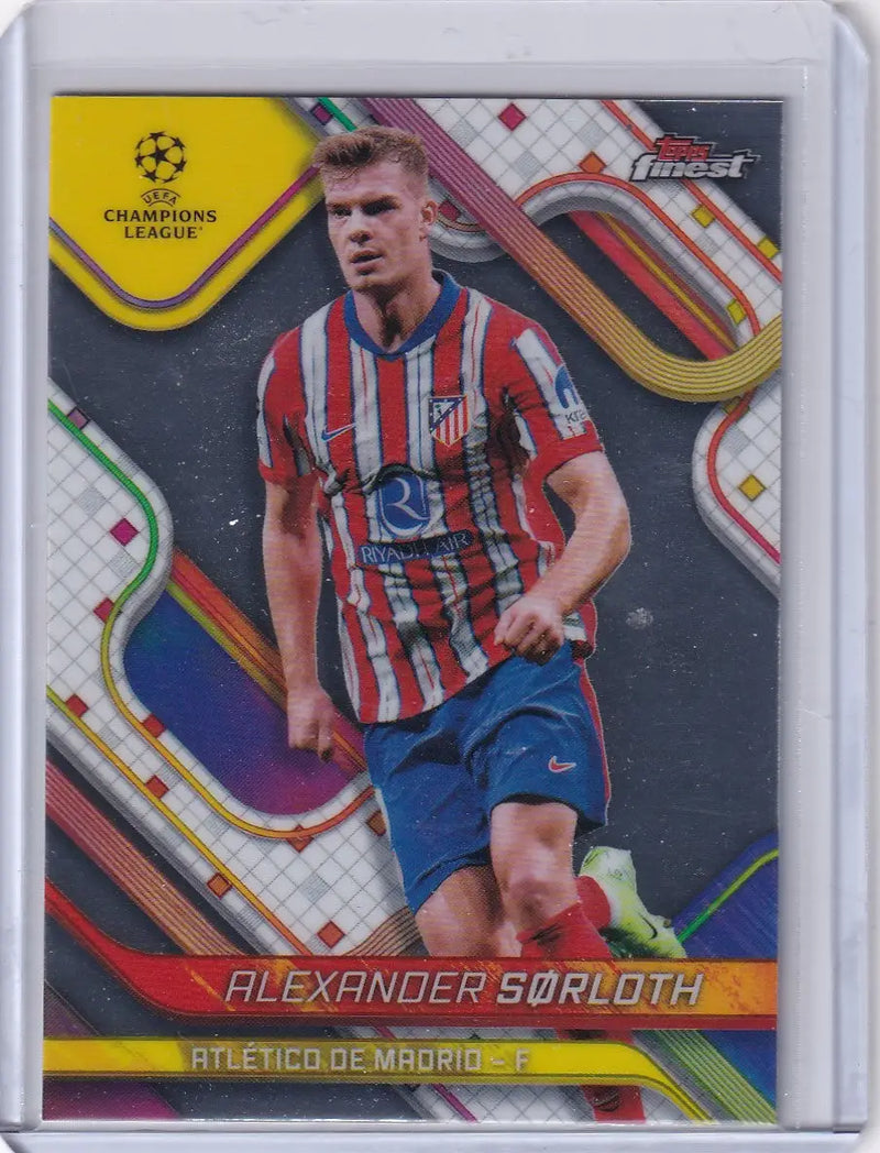 Alexander Sørloth soccer card from 2024-25 Finest series featuring Atlético de Madrid