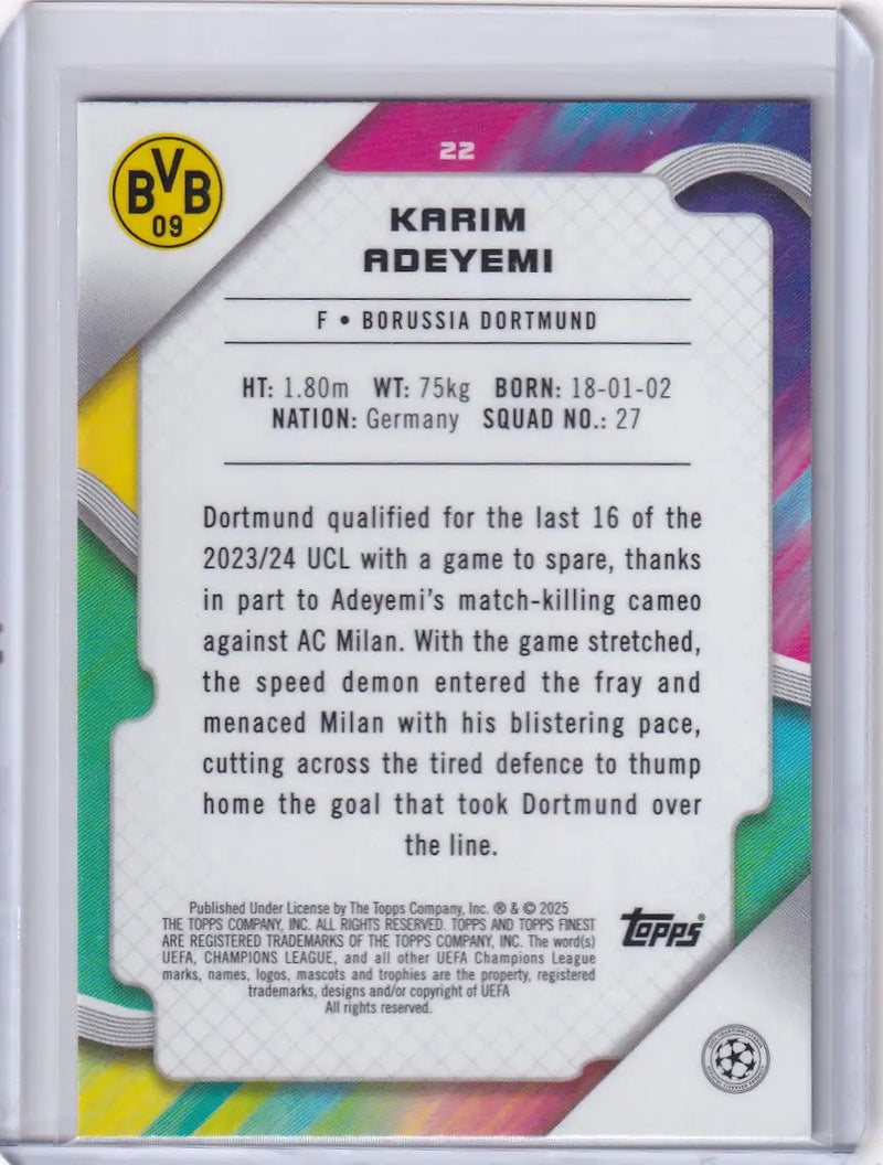Karim Adeyemi soccer card from 2024-25 Finest Borussia Dortmund series