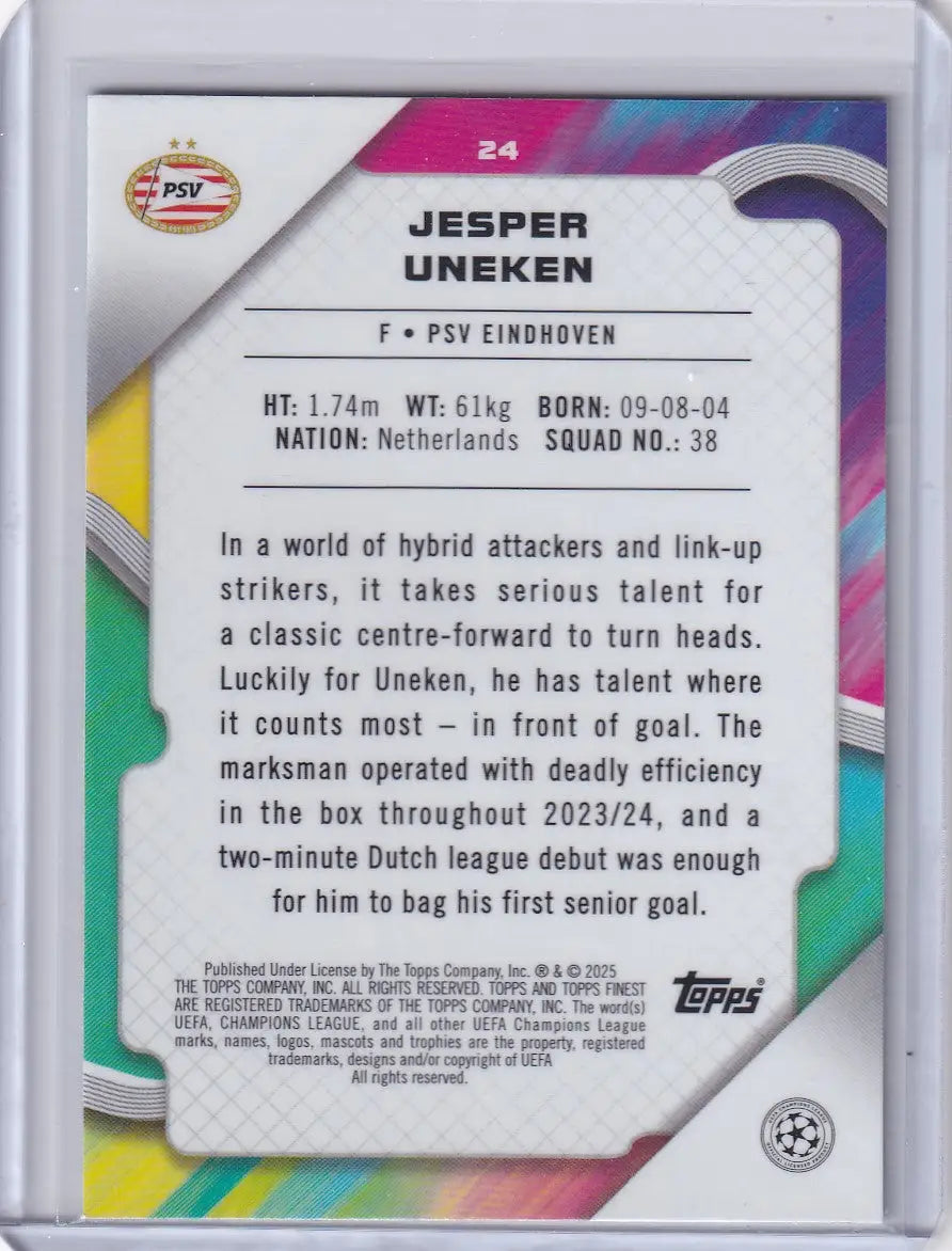 Soccer card of Jesper Uneken from PSV Eindhoven 2024-25 Finest series
