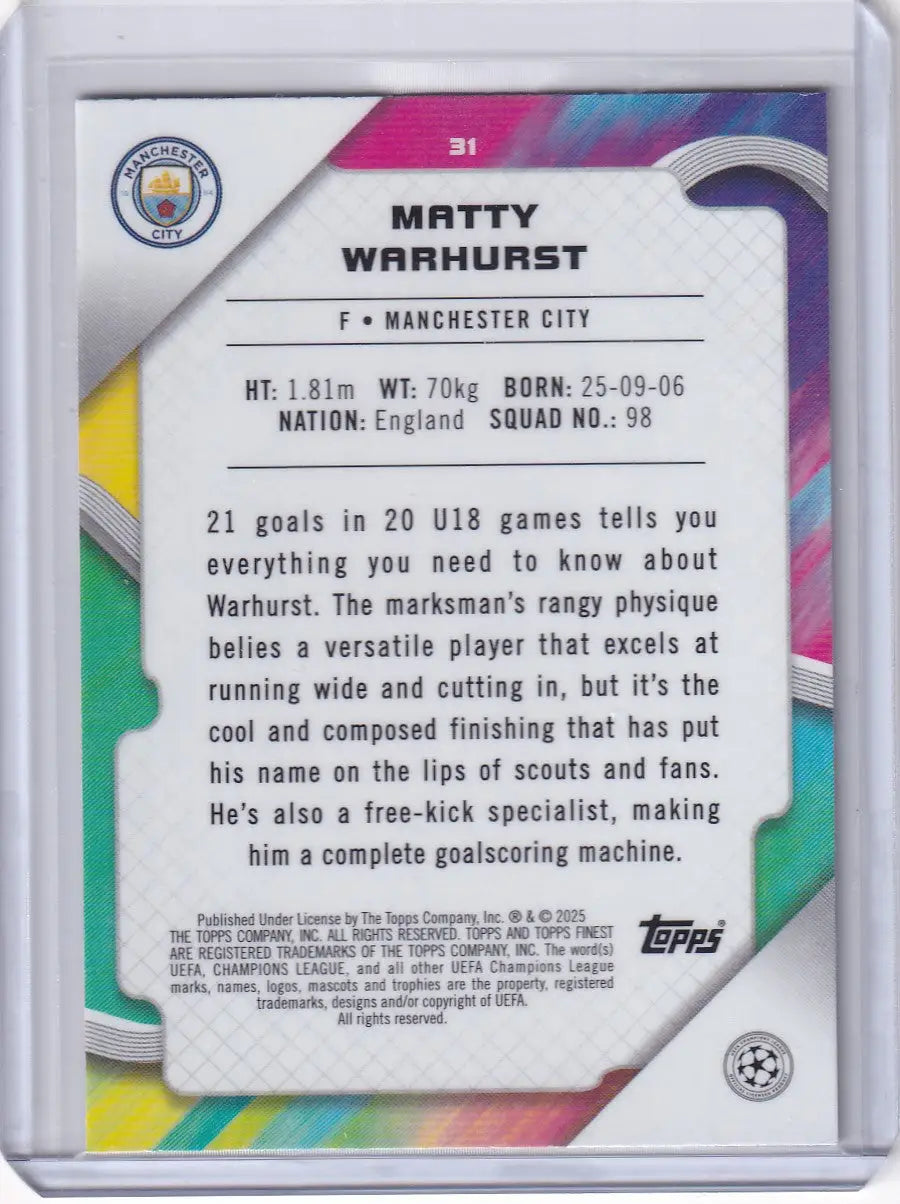 Matty Warhurst trading card from 2024-25 Finest Manchester City RC collection