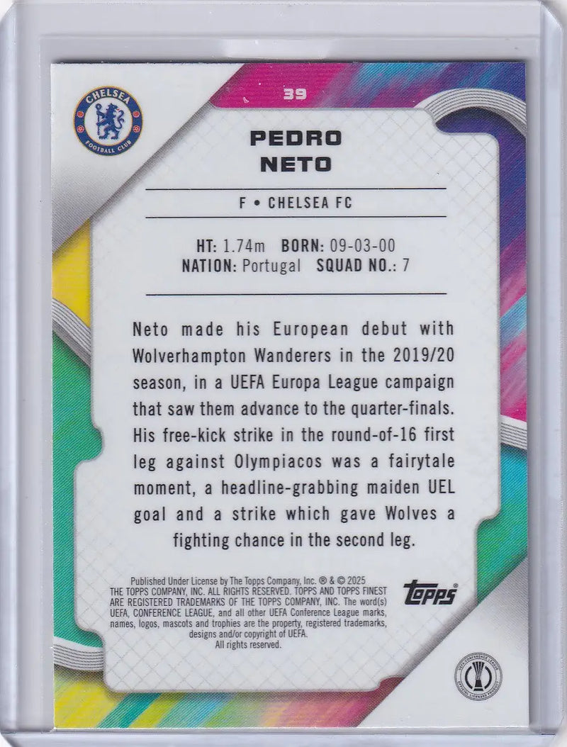 2024-25 Finest Pedro Neto Chelsea FC trading card showcasing Pedro Neto action