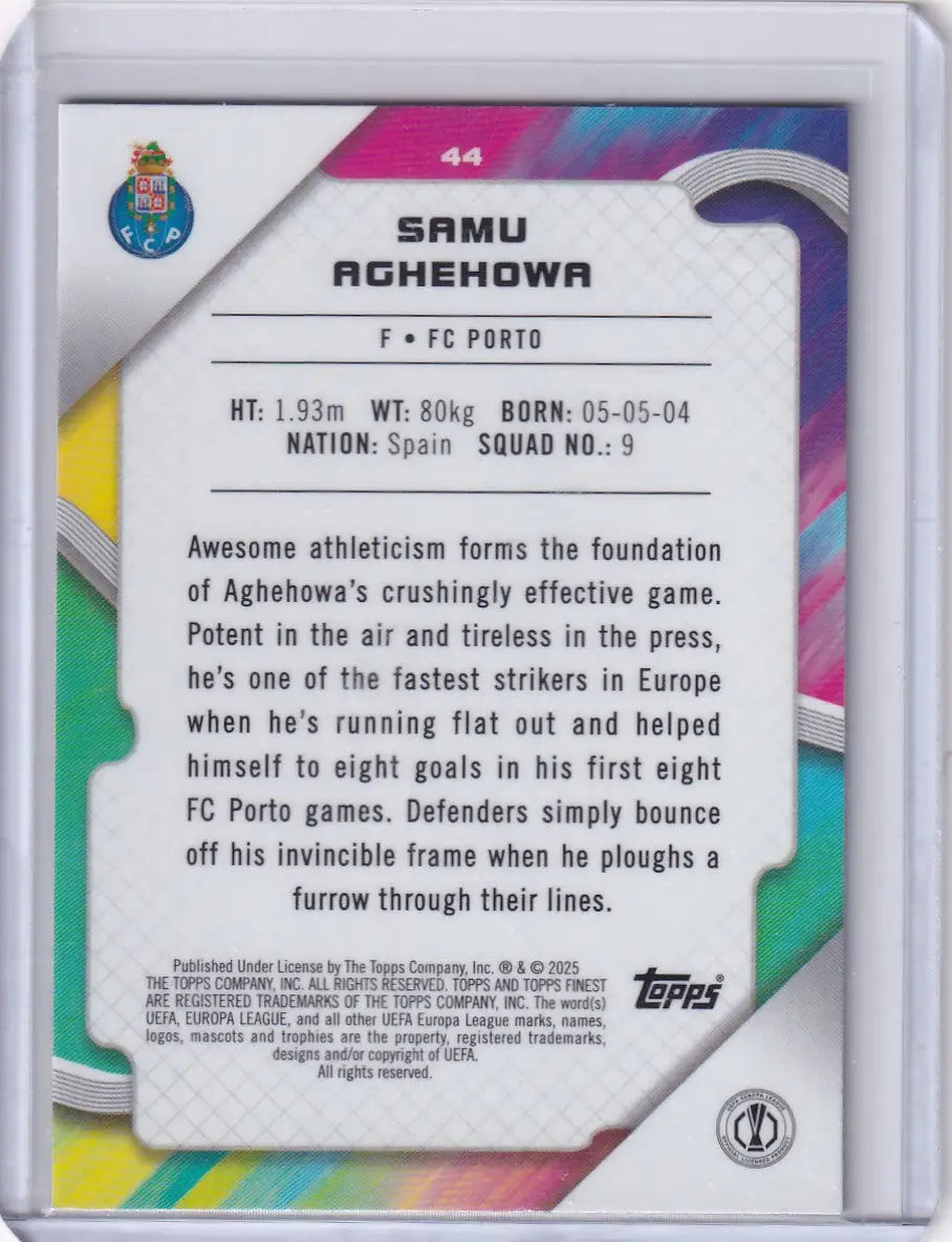 Soccer card back featuring Samu Aghehowa from 2024-25 Finest FC Porto collection
