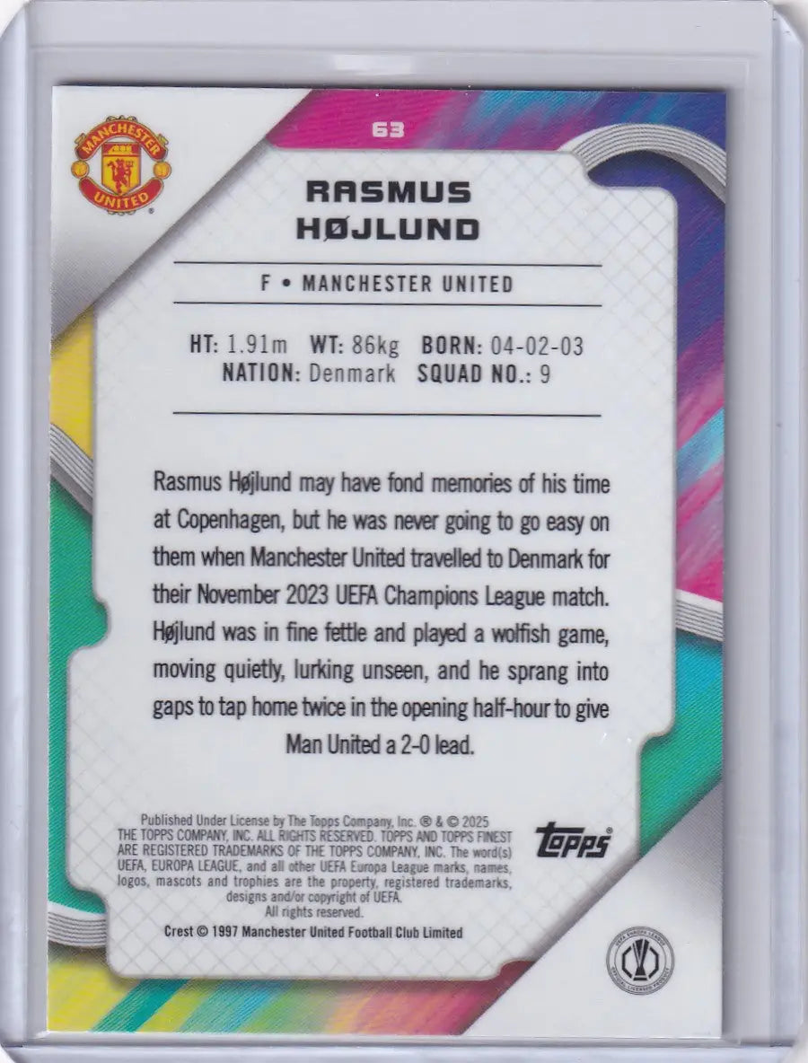 Rasmus Højlund Manchester United soccer card from 2024-25 Finest series