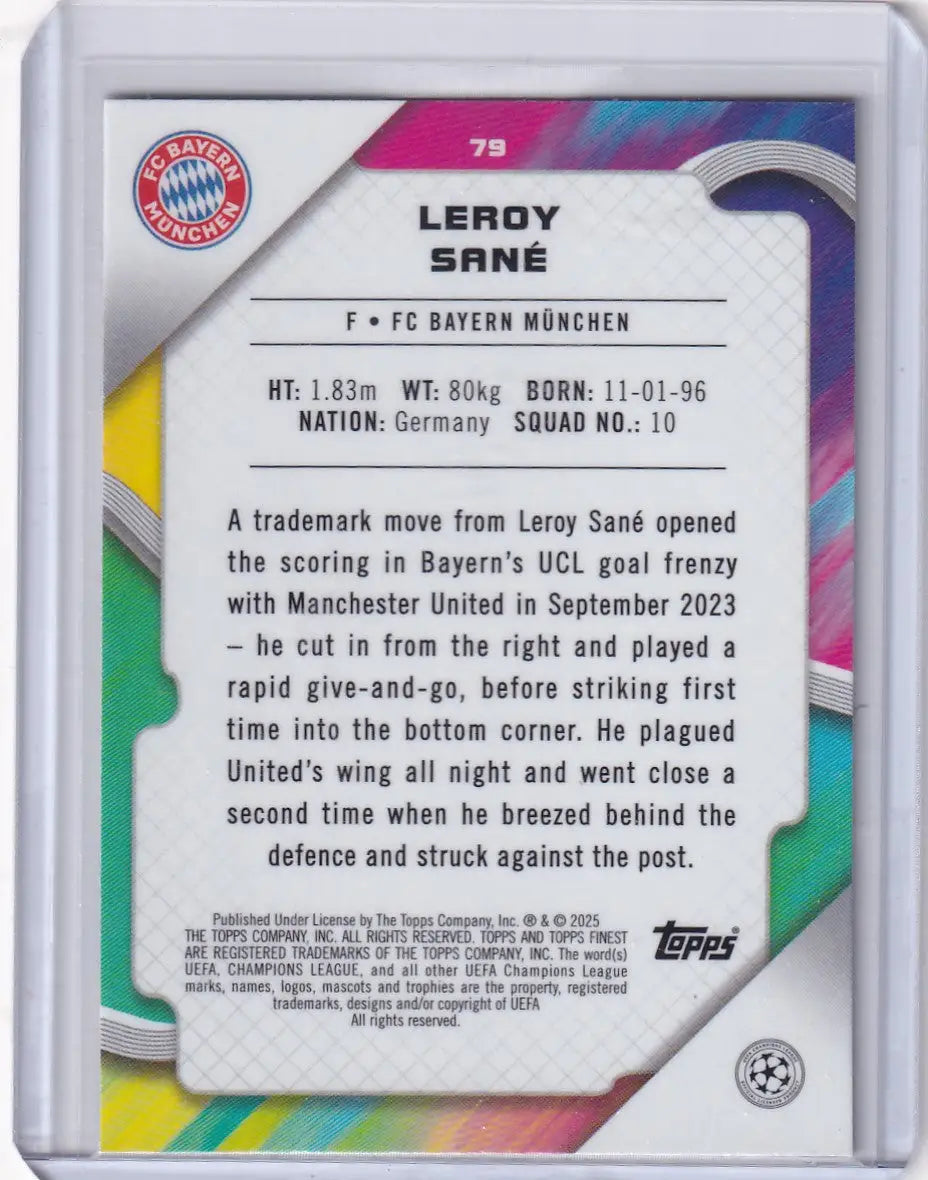 2024-25 Finest Leroy Sané soccer card featuring FC Bayern München player