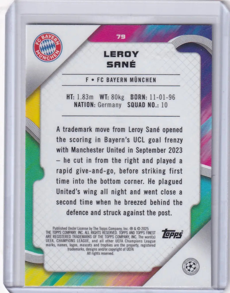 2024-25 Finest Leroy Sané soccer card featuring FC Bayern München player