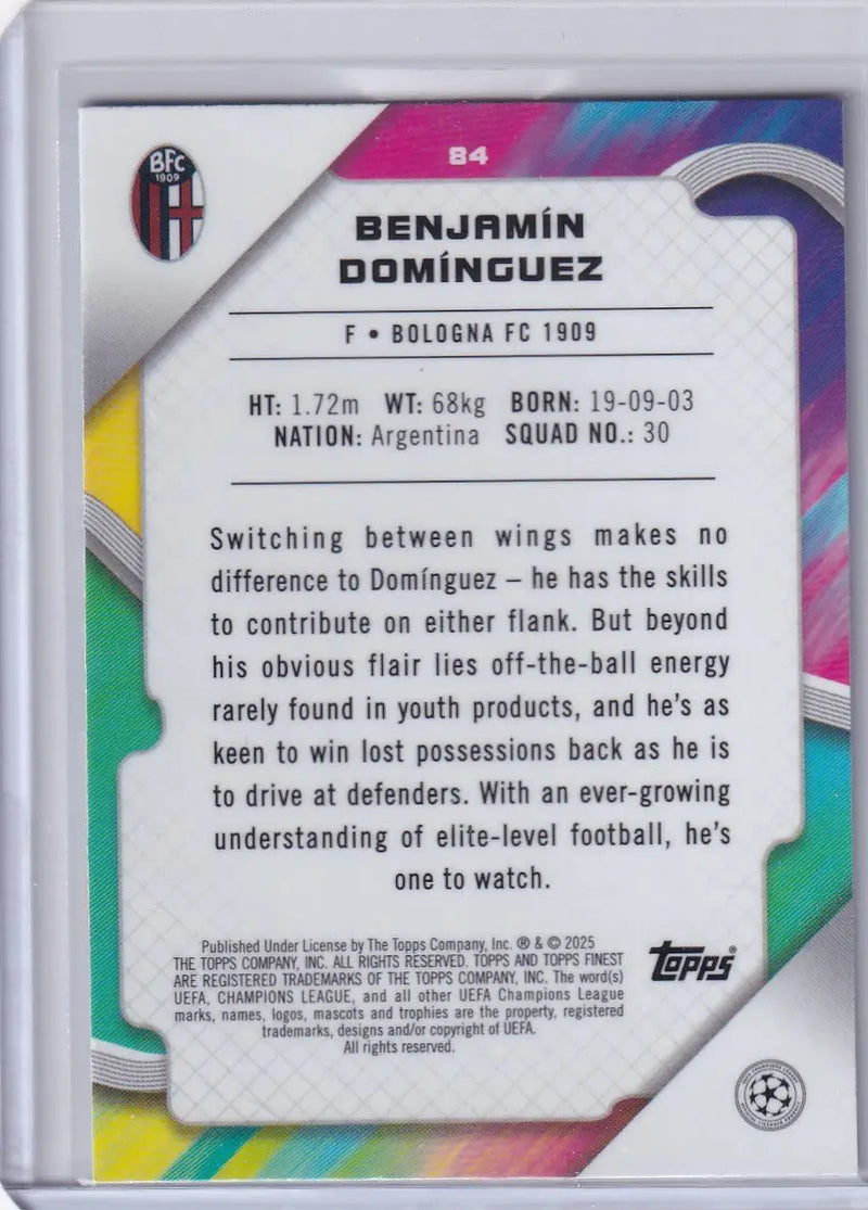 Trading card back featuring benjamín domínguez from 2024 25 Finest Bologna FC 1909 RC