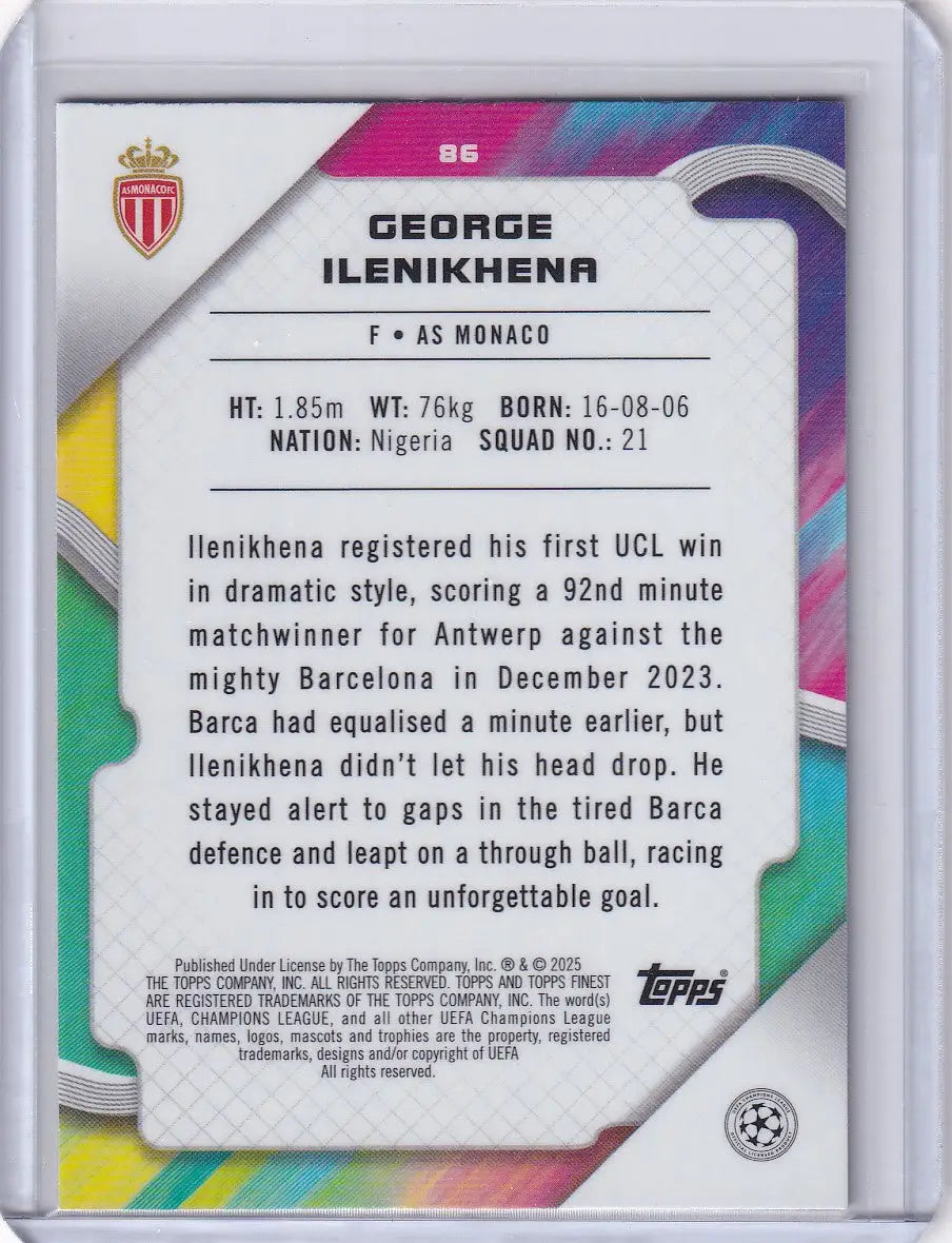 Soccer card of George Ilenikhena from 2024-25 Finest AS Monaco RC series