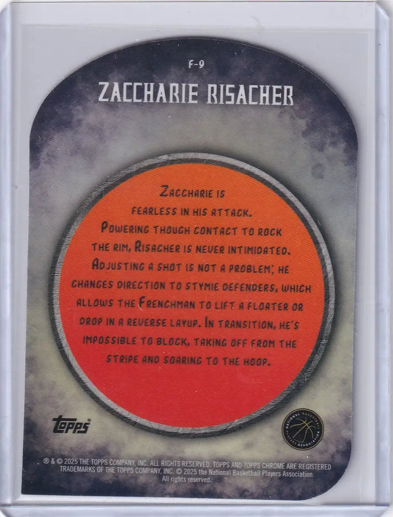 Back of 2024-25 Finest Basketball Finishers Zaccharie Risacher trading card