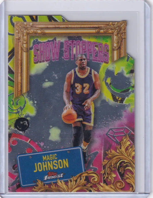 Alt text for 2024-25 Finest Basketball Showstoppers Magic Johnson trading card featuring gold frame