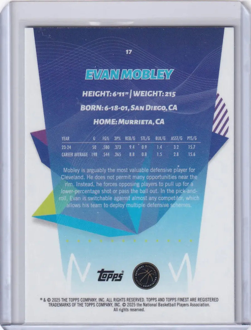 Back of 2024-25 Finest Basketball Sky Blue Evan Mobley Cleveland Cavaliers trading card showing stats