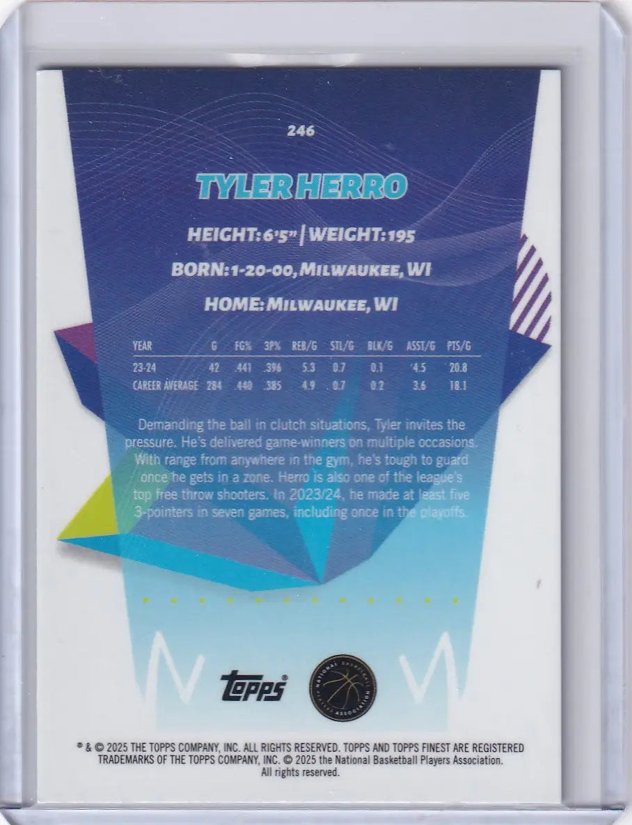 Basketball sky blue trading card of Tyler Herro from 2024-25 Finest Basketball Sky Blue series
