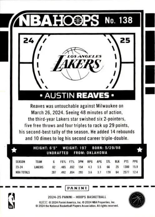 2024-25 Hoops #138 Austin Reaves - Basketball Card Single