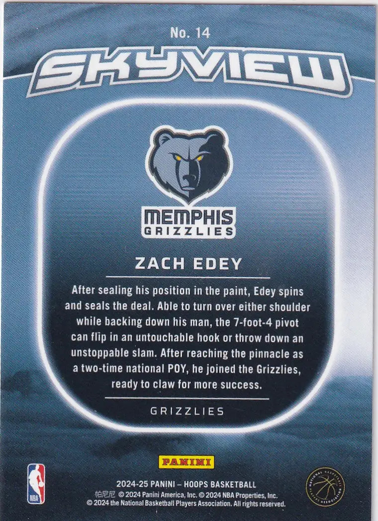 2024-25 HOOPS #14 ZACH EDEY SKYVIEW- MEMPHIS GRIZZLIES - Basketball Card Single