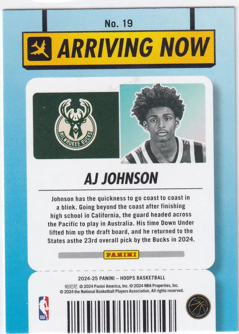 2024-25 HOOPS #19 AJ JOHNSON ARRIVING NOW- MILWAUKEE BUCKS - Basketball Card Single