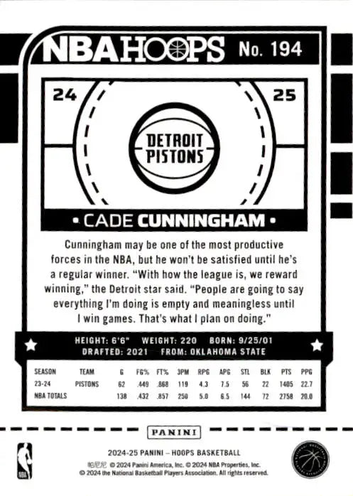 2024-25 Hoops #194 Cade Cunningham - Basketball Card Single