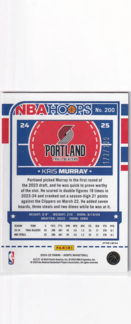 2024-25 HOOPS #200 KRIS MURRAY ORANGE 172/199- PORTLAND TRAILBLAZZERS - Basketball Card Single