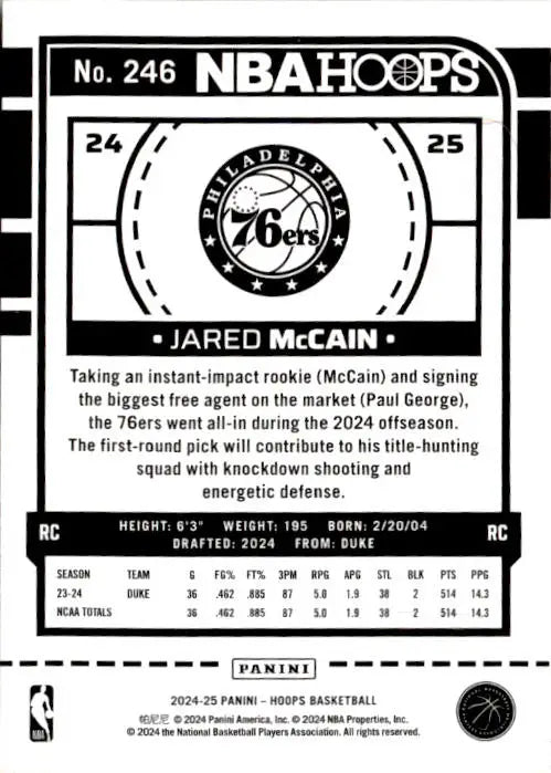 2024-25 Hoops #246 Jared McCain - Basketball Card Single